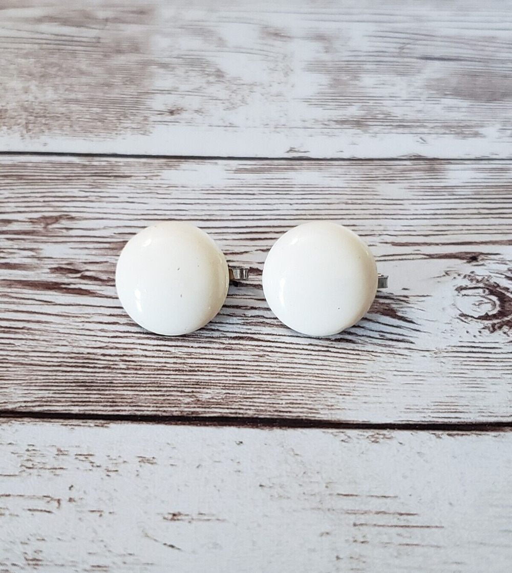 Vintage Clip On Earrings 5/8" Cream Domed Circle - Stamped Hong Kong